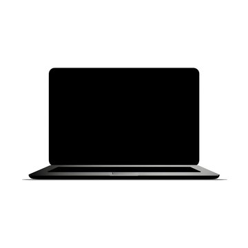 A front view of an open laptop with a black screen set against a plain white studio background image