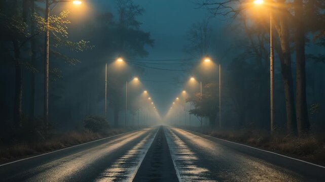 Eerie Night Road: A Foggy Journey with Illuminated Street Lights and Moody AtmosphereMysterious Dark Foggy Forest Background for Nature Animation