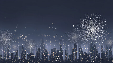 Elegant Night City Skyline with White Fireworks and Light Bokeh &ndash; Minimalist Celebration Background
