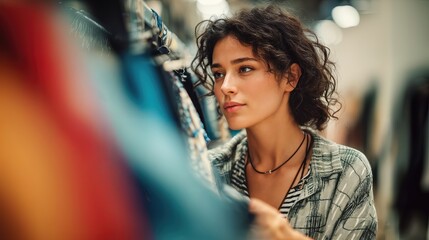 Contemplative Hispanic Woman Choosing Clothes for Autumn, Embracing Fashionable Decisions Ideal for Retail Marketing Campaigns.