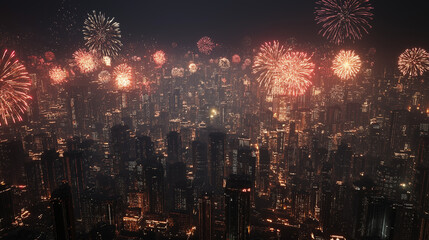 Dazzling Fireworks Over a Vibrant Night Cityscape &ndash; Futuristic New Year Celebration Skyline