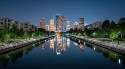 Stunning Cityscape of Houston, Texas at Night with River Reflection, Bright Lights, and Lush Greenery in Modern Urban Setting