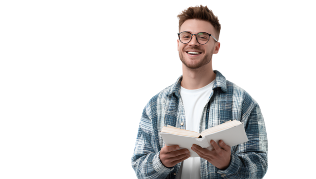 Smiling Young Man Holding Book with Transparent Background Joy Education