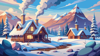 Naklejka premium Realistic snowy village with a wooden cabin and smoke from chimney, cloudy sky, no sunlight, calm winter day, soft colors, natural landscape, quiet peaceful atmosphere, vector illustration