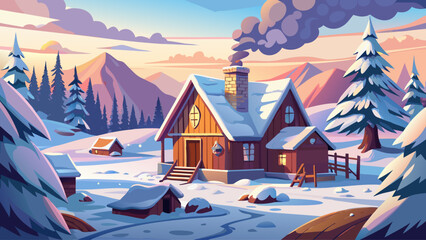 Naklejka premium Realistic snowy village with a wooden cabin and smoke from chimney, cloudy sky, no sunlight, calm winter day, soft colors, natural landscape, quiet peaceful atmosphere, vector illustration
