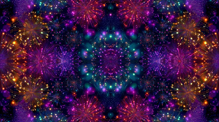 Colorful Kaleidoscopic Fireworks Explosion &ndash; Abstract Festive Background with Vibrant Lights and Patterns