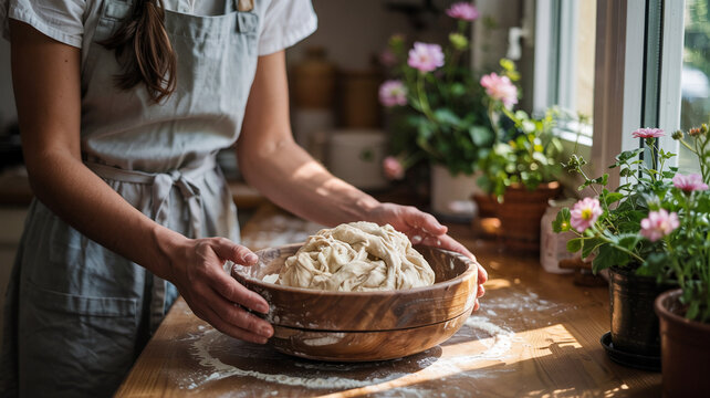 Olivia sets the dough near the window