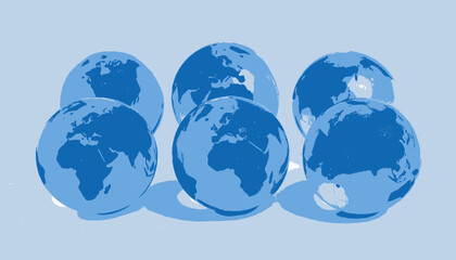 Six blue-toned globe illustrations with visible landmasses and shadows set against a pale blue background