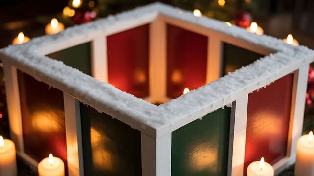 Festive Christmas Candle Holder with Red Green Panels and Snow Accents holiday decoration