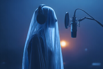 Ghost costume recording podcast or blog in a studio with blue light