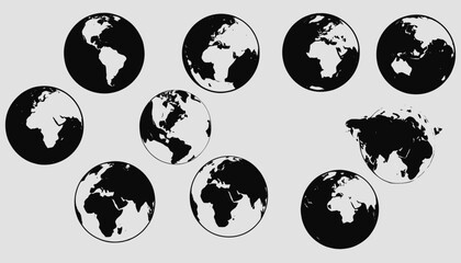Obraz premium Black and white illustrations of Earth from various perspectives, showcasing continents