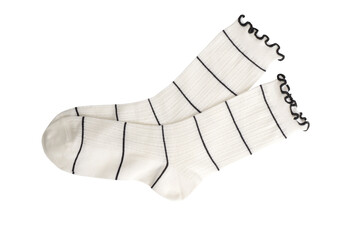 Cozy white socks with black stripes and ruffled edges on transparent background