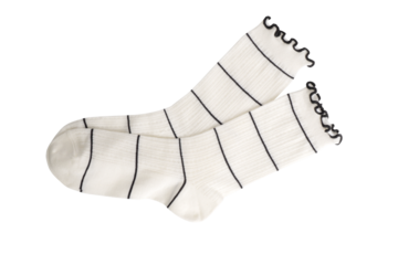 Cozy white socks with black stripes and ruffled edges on transparent background