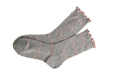 Cozy gray socks with pink stripes and ruffled edges on transparent background