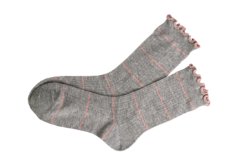 Cozy gray socks with pink stripes and ruffled edges on transparent background