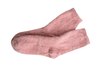 Single cozy pink fuzzy sock lying on transparent background
