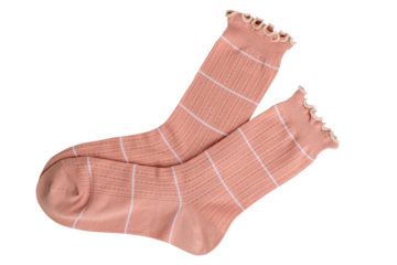 Pink ruffled ankle socks with white stripes on transparent background