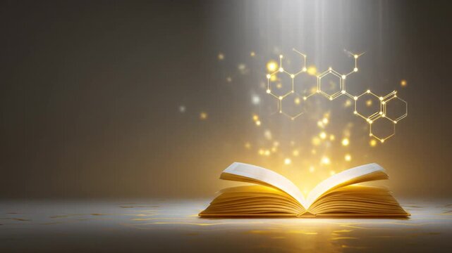 Open book with glowing light and molecular structures education and knowledge concept