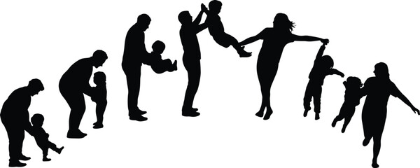 Parent child silhouette, family growth stages, father mother kid walking, holding hands, lifting child, parenting evolution, childhood development, parental love, 