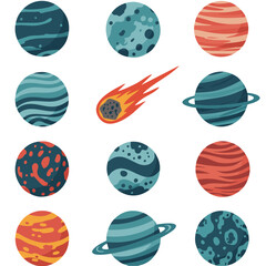 Colorful planets and meteorites illustrations for children's educational purposes and design assets © khafid