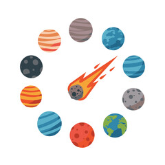 Planets surrounding asteroid impact cosmic events astronomical vector illustration educational