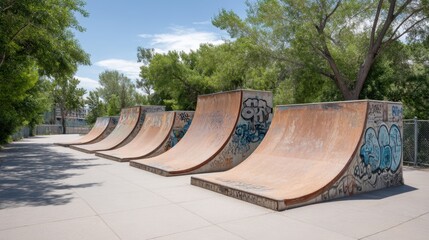 Empty skate park ramps with vibrant graffiti under clear blue sky surrounded by trees and urban landscape perfect for outdoor sports photography