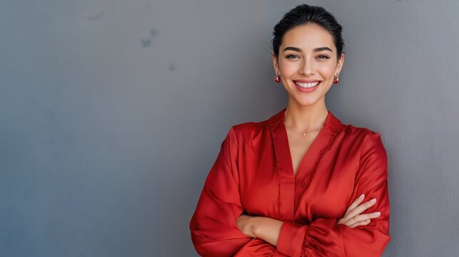 Young, radiant Hispanic businesswoman exuding confidence and success in contemporary office setting, ideal for corporate branding or presentations. - Powered by Adobe