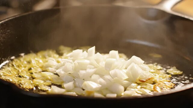 Chopped onions are being added to a sizzling skillet, releasing steam and aromas, as the camera smoothly zooms in to capture the cooking process in detail