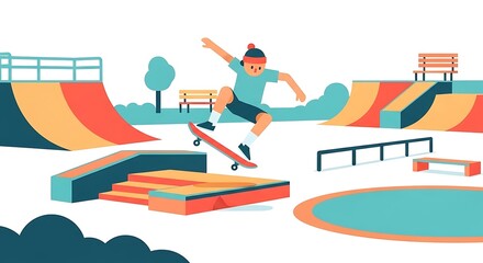 Boy skateboarding park trick.