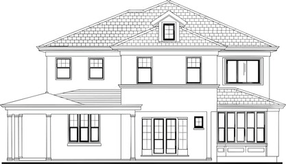 Two story residential house elevation vector, black and white architectural drawing, gable and hip roof, porch columns, bay window, symmetrical facade illustration
