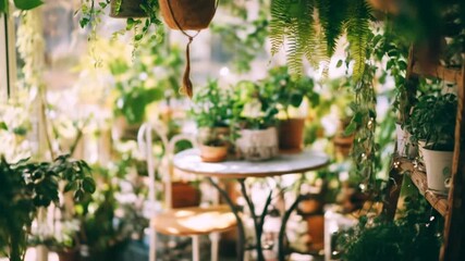 Variety of green plants in pots decorate a cozy outdoor space with a small table