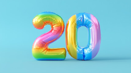 Rainbow-colored foil balloons shaped like the number twenty on a blue background.