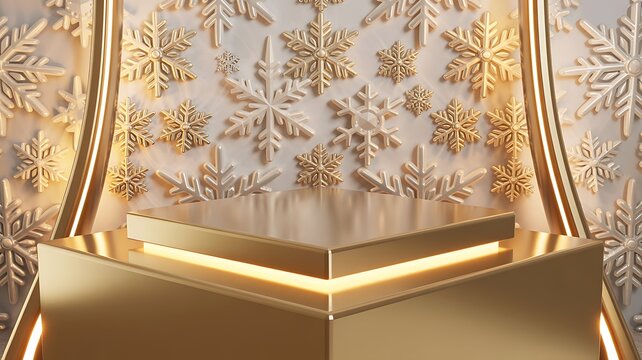 Gold display podium with white and gold snowflake backdrop and warm lighting stage platform