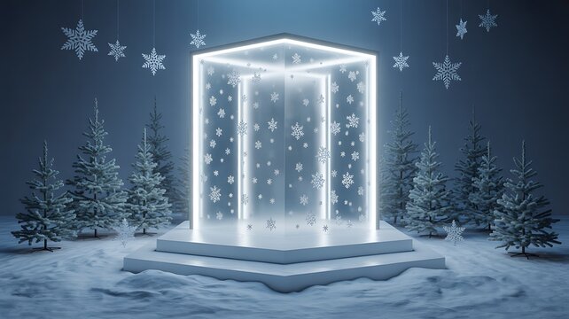Glowing cube display with snowflakes and frosted trees in a winter scene illuminated - Powered by Adobe