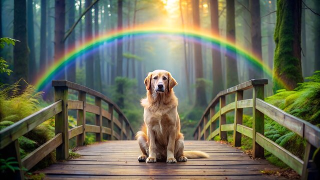 Golden retriever dog sitting on a wooden bridge in a forest with a vibrant rainbow overhead