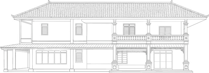 Two story architectural house elevation vector, black and white drawing, traditional tiled roof with curved eaves, balcony columns, symmetrical facade, residential illustration