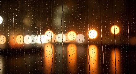 Rain-kissed City Lights: The serene beauty of raindrops tracing their paths down the window, a canvas to the city lights beyond, creating a soft, blurry glow.