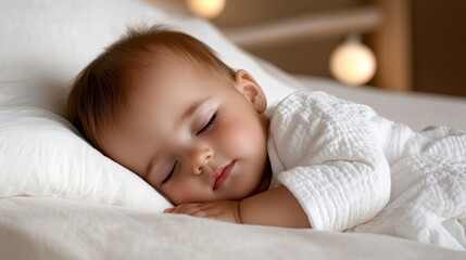 Sweet baby peacefully sleeping on soft bedding in a cozy room
