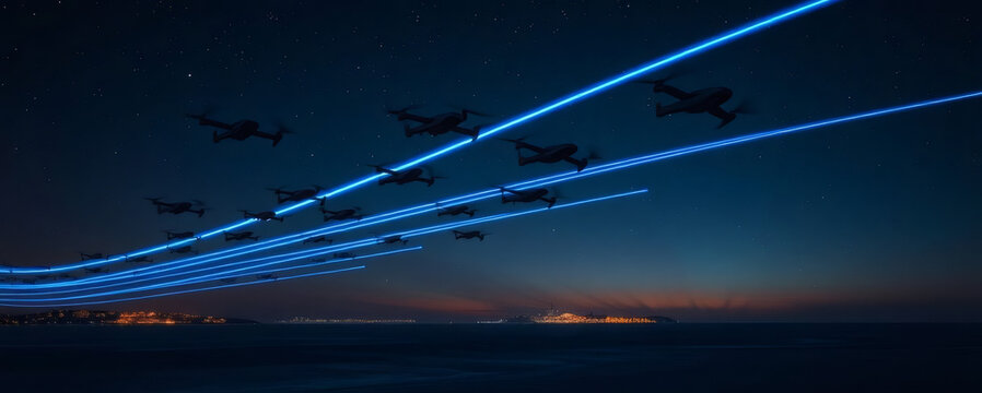 Drones flying over a coastal city at night, leaving trails of blue light against a starry sky