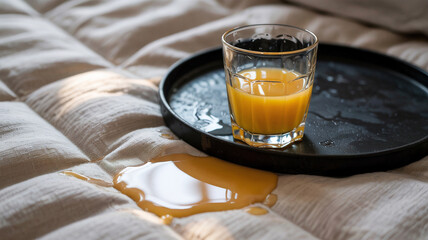 Orange juice spills slightly as the tray wobbles on  soft mattress