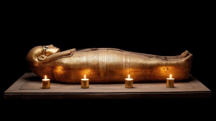 Ancient Egyptian Sarcophagus Displayed with Soft Candlelight in a Dark Setting Emphasizing Rich History and Cultural Artistry of Ancient Civilizations