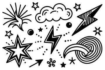 Collection of hand drawn black and white doodle icons and symbols