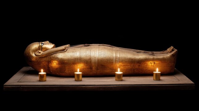 Ancient Egyptian Sarcophagus Displayed with Soft Candlelight in a Dark Setting Emphasizing Rich History and Cultural Artistry of Ancient Civilizations
