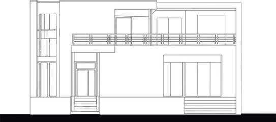 Contemporary two story house elevation vector, black and white architectural drawing, modern residential building design, flat roof, balcony, windows, doors, stairs illustration