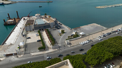 Aerial view of a dock at a port.