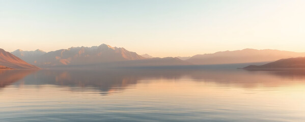 Fototapeta premium Tranquil morning landscape with serene lake and distant mountains at sunrise