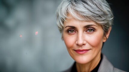 Confident mature woman, embodying leadership and professionalism in a modern office setting, symbolizing teamwork and success ideal for corporate presentations and websites.