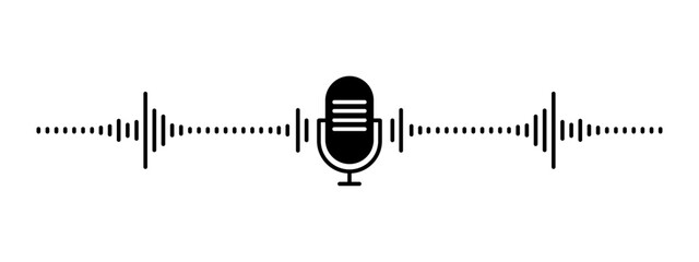 Black microphone icon vector,voice recording, input, or an active podcast audio sound waves.