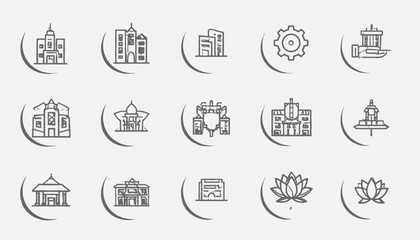 Collection of stylized line art icons, buildings, machinery, and flowers within semi-circle frames