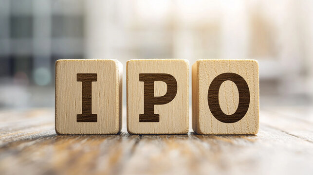 Modern minimalist image of wooden blocks spelling “IPO” on a bright white table. Represents investment, savings, finance, and healthcare, ideal for clean branding, business, and digital design project